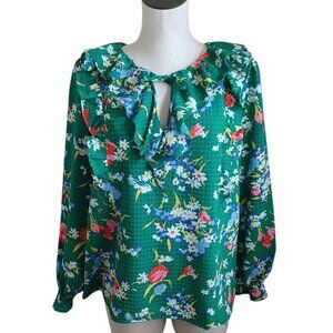 Loft‎ Blouse Green Floral Bouquet Ruffle Tie Neck Peasant Top Womens Medium